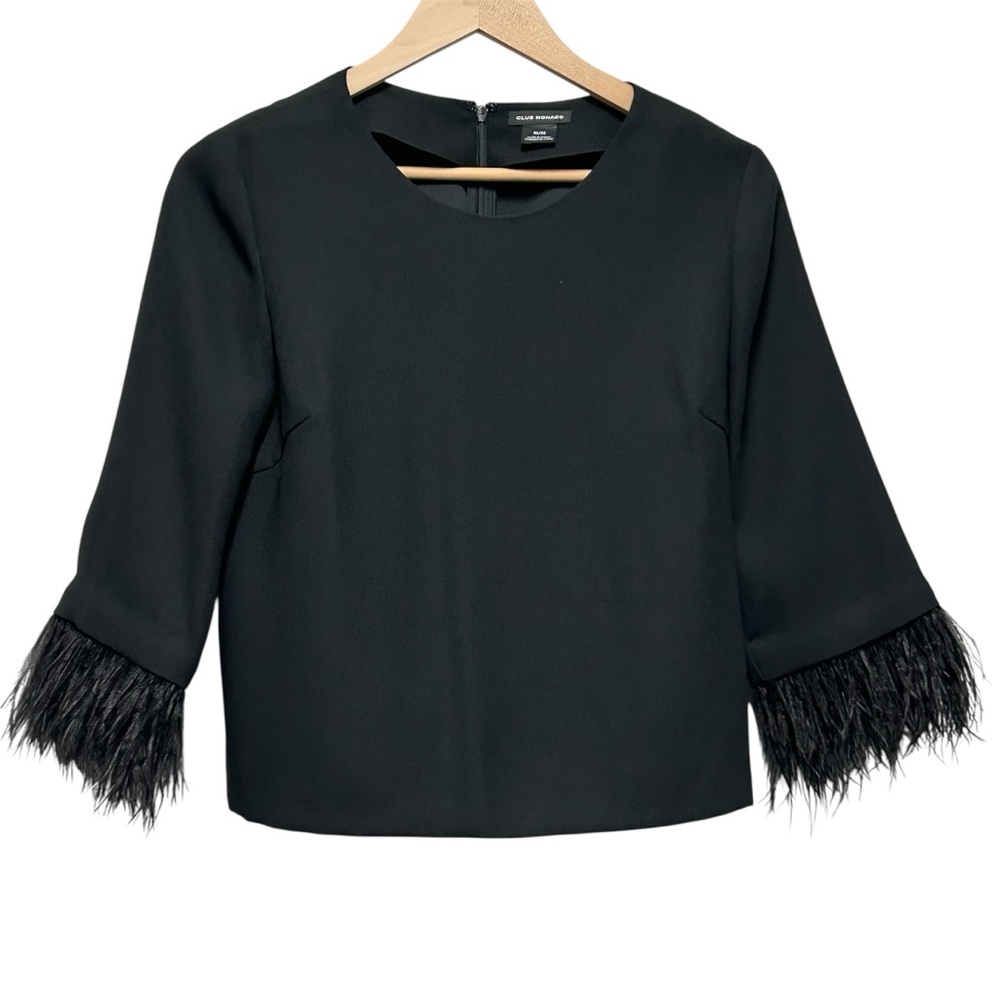 Club Monaco Black Blouse with Feather-Trim Cuffs